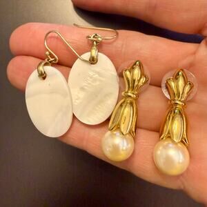 Pair Of Classic Gold Tone Faux Pearl MOP Earrings